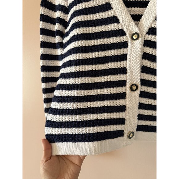 J. Crew Striped Open Knit V-Neck Cardigan Antique Navy Preppy Nautical Coquette - Picture 5 of 8